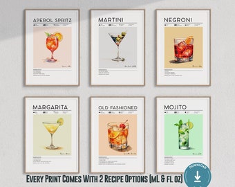 Set of 6 Cocktail Prints | Bar Cart Prints, Aperol Spritz Print, Martini Print, Negroni, Margarita, Mojito, Old Fashioned, Bar Cart Decor