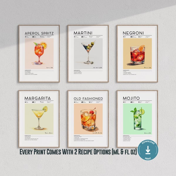 Lot de 6 affiches de cocktails | Impressions de chariot de bar, impression Aperol Spritz, impression de Martini, Negroni, Margarita, Mojito, à l'ancienne, décoration de chariot de bar