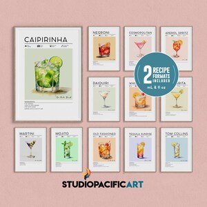 Juego de 12 impresiones de cócteles, arte mural de cócteles clásicos, impresiones minimalistas de alcohol, decoración de carrito de bar, póster de cócteles vintage, arte mural de carrito de bar