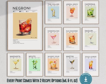 Cocktail Print Set of 12 | Bar Cart Wall Art, Drink Recipe Posters, Cocktail Recipe Art, Bar Cart Prints Set, Cocktail Poster Set
