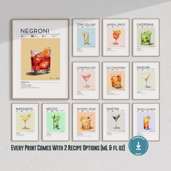 Cocktail Print Set of 12 | Bar Cart Wall Art, Drink Recipe Posters, Cocktail Recipe Art, Bar Cart Prints Set, Cocktail Poster Set