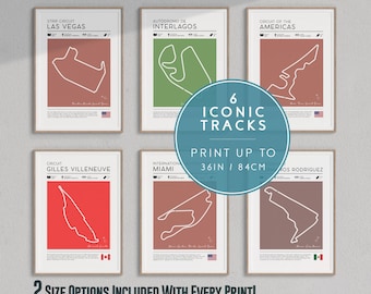 Formula 1 Wall Art, Set of 6 Americas F1 Circuit Posters, Formula One Gift for Racing Fans, F1 Wallart, Race Track Prints, F1 Print Bundle