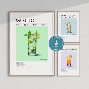 Set of 3 Cocktail Prints | Cocktail Gallery Set, Retro Cocktail Prints, Bar Cart Prints Set, Drink Recipe Posters, Cocktail PRINTABLE