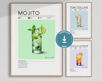 Set of 3 Cocktail Prints | Cocktail Gallery Set, Retro Cocktail Prints, Bar Cart Prints Set, Drink Recipe Posters, Cocktail PRINTABLE