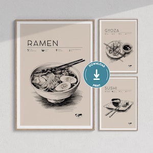 Set of 3 Japanese Food Posters | Minimalist Food Art Print, Asian Food Art, Kitchen Wall Art Print, Ramen Poster, Sushi Print, Japanese Food