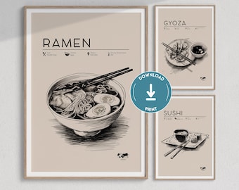 Set of 3 Japanese Food Posters | Minimalist Food Art Print, Asian Food Art, Kitchen Wall Art Print, Ramen Poster, Sushi Print, Japanese Food