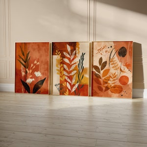 Boho Abstract Flowers Print Set of 3, Flower Market Poster, Terracotta Prints, Floral Wall Art, Vintage Art Print, Boho Printable Art,