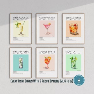 Conjunto de 6 impresiones de cócteles, Impresiones de carritos de bar, Impresiones de arte de cócteles, Impresiones minimalistas de alcohol, Póster de cóctel, Arte de pared retro, Impresión de hora feliz
