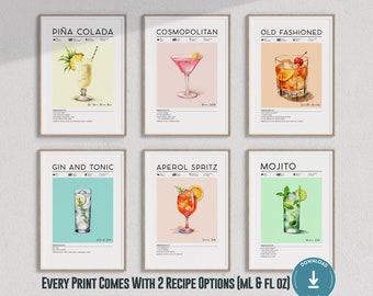 Set of 6 Cocktail Prints, Bar Cart Prints, Cocktail Art Prints, Minimalist Alcohol Prints, Cocktail Poster, Retro Wall Art, Happy Hour Print