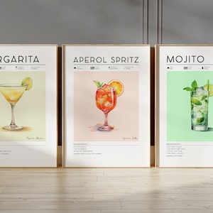 3er Set Cocktail Prints | Aperol Spritz, Margarita, Mojito, Retro Cocktail Prints, Barwagen Kunst, Alkohol Drucke, DRUCKBARE Barwagen Dekor