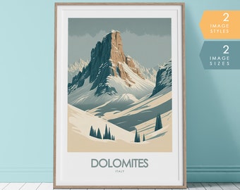 Peut inclure: Une affiche encadrée représentant un paysage stylisé des Dolomites en Italie. L'œuvre d'art représente des montagnes enneigées dans des tons beige, bleu et marron. Le mot "DOLOMITES" est imprimé en bas, avec "ITALY" en dessous.