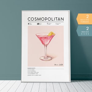 Cosmopolitan Cocktail Print, Classic Cocktail Wall Art, Minimalist Alcohol Posters, Bar Cart Decor,  PRINTABLE Cocktail Bar Art