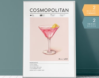 Cosmopolitan Cocktail Print, Classic Cocktail Wall Art, Minimalist Alcohol Posters, Bar Cart Decor,  PRINTABLE Cocktail Bar Art