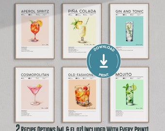 Set of Cocktail Posters, Aperol Spritz Wall Art, Bar Cart Decor, Gin and Tonic Print, Old Fashioned Print, Mojito Happy Hour Print Retro Art