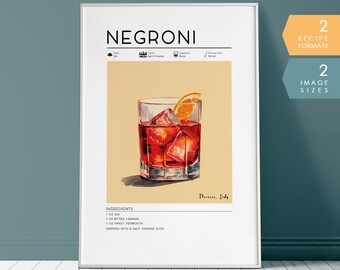 Negroni Cocktail Print | Minimalist Retro Digital Bar Art, Bar Cart Decor | Mixology Prints, Bar Cart Prints, Digital Download PRINTABLE Art
