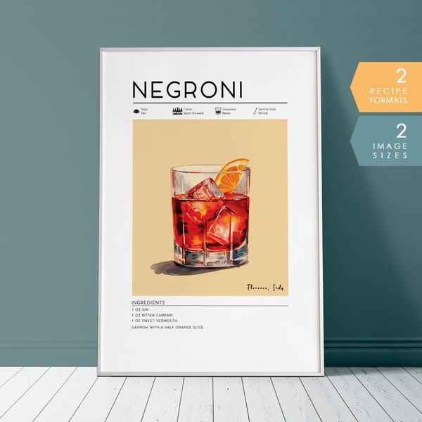 Negroni Cocktail Print | Minimalist Retro Digital Bar Art, Bar Cart Decor | Mixology Prints, Bar Cart Prints, Digital Download PRINTABLE Art