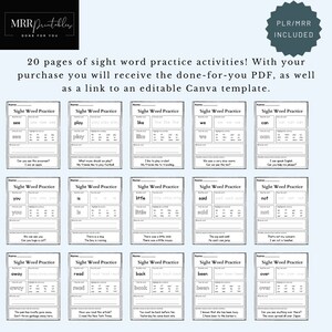 PLR Sight Words Educational Worksheets, with Master Resell Rights