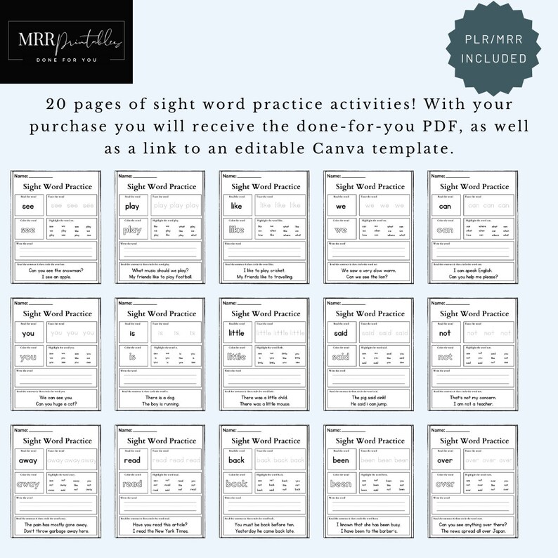 PLR Sight Words Educational Worksheets, with Master Resell Rights