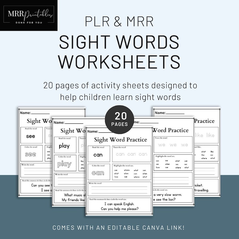 PLR Sight Words Educational Worksheets, with Master Resell Rights