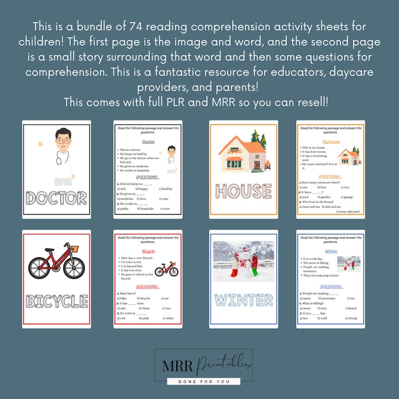 Reading comprehension worksheets with PLR and MRR, Educational Worksheets for Kids, Learn to Read Activity Pages for Kids