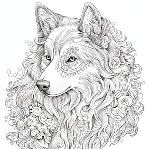 May include: A detailed black and white line drawing of a wolf's head with intricate patterns and swirls around the face and neck.