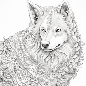 May include: A black and white line drawing of a wolf's head with intricate patterns on its fur. The wolf is looking directly at the viewer with a serious expression.