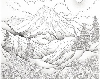 以下が含まれることがあります： 中央に大きな山がある山脈の白黒の線画。山脈は雲と太陽に囲まれています。手前に木と花があります。