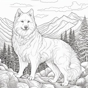 May include: A black and white line drawing of a wolf standing on a rocky mountainside. The wolf has a fluffy tail and is looking to the side. The background features a mountain range and a forest.