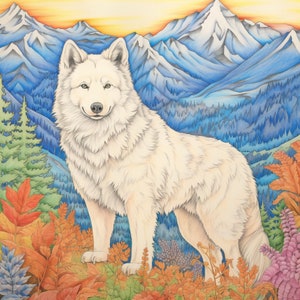May include: A white wolf stands in a snowy mountain landscape with a forest in the background. The wolf is facing the viewer and has a calm expression. The mountains are covered in snow and the forest is a mix of green and blue.