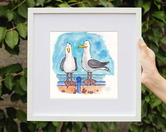 Newfoundland art print "Goofy Gulls" Seagull watercolor