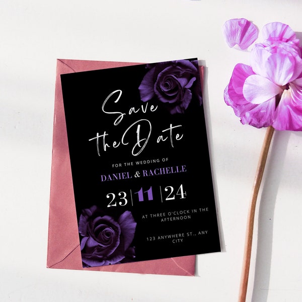 Black and Purple Wedding Invitation Template, Editable Black and Purple Floral Invitation, Save the date instant download