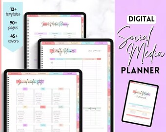 Puede incluir: Un planificador de redes sociales digital con pestañas coloridas y una sección de planificador semanal. El planificador incluye secciones para negocios, redes sociales, planificación, notas y hogar. El planificador también incluye una sección para estadísticas de redes sociales.