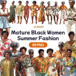 Clipart di moda estiva per donne mature nere, PNG di nonna afroamericana, bella nonna, elegante diva anziana con licenza d'uso commerciale