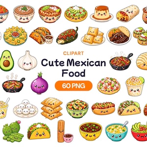 May include: A collection of digital clipart featuring various Mexican food items with smiling faces, including tacos, burritos, bowls of salsa, guacamole, churros, and vegetables, with the text "CLIPART Cute Mexican Food 60 PNG" in the center.