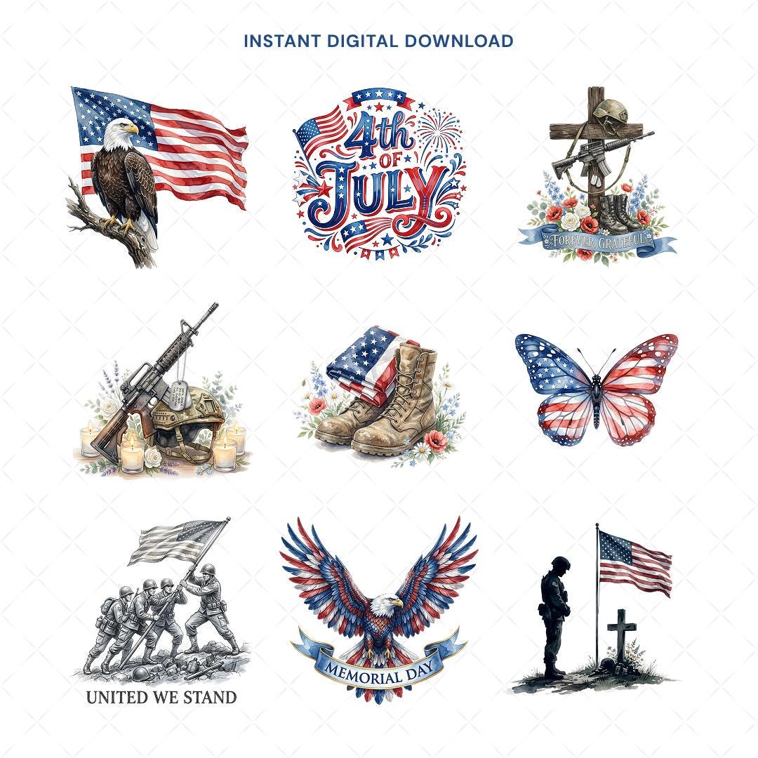 Watercolor Memorial Day Clipart, Patriotic Military PNG, Honoring ...