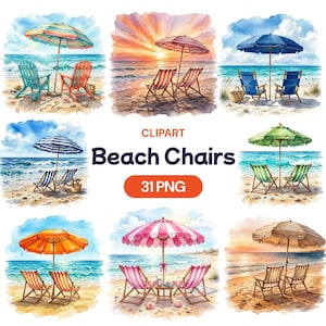 Op de afbeelding: Waterverf clipart met strandstoelen en parasols in verschillende kleuren en ontwerpen. De afbeelding bevat de tekst "Beach Chairs" en "31 PNG". De illustraties tonen strandscènes met stoelen en parasols op zandstranden.