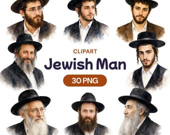 Jewish Man Portrait Clipart, Orthodox Rabbi Watercolor PNG, Hasidic Character Graphic, Traditional Male Art