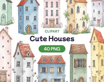 Cute House Clipart, 40 Whimsical Cottage PNG, Watercolor Village Home ...