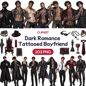 May include: A digital clipart collection titled Dark Romance Tattooed Boyfriend containing 203 PNG files. The set features various tattooed men in diverse outfits, alongside accessories like a camera, fedora, watch, throne, candle, book, glasses, beads, ring, chess piece, goblet, envelope, and tie.