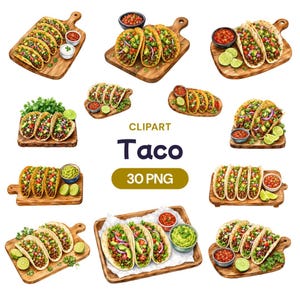 Può includere: Una collezione di illustrazioni ad acquerello che mostrano vari arrangiamenti di tacos su taglieri di legno, accompagnati da piccole ciotole di salsa, guacamole e spicchi di lime. Il testo centrale recita CLIPART Taco 30 PNG.