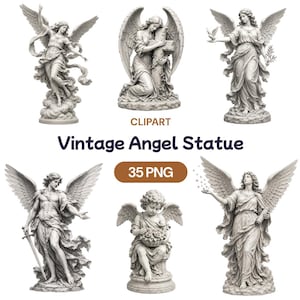 May include: A collection of six gray stone-textured angel statues in various poses, including figures with wings, swords, flowers, and crosses, presented as digital clipart. The text reads CLIPART Vintage Angel Statue 35 PNG.
