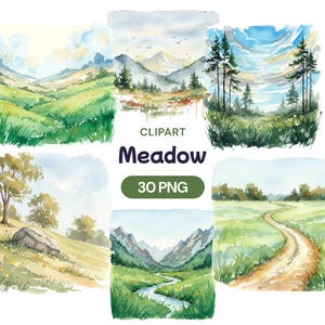 Puede incluir: Conjunto de imágenes prediseñadas de acuarela con varias escenas de praderas. Las imágenes muestran colinas verdes, árboles y un camino sinuoso, todo bajo un cielo azul. Incluye el texto "Meadow" y "30 PNG".