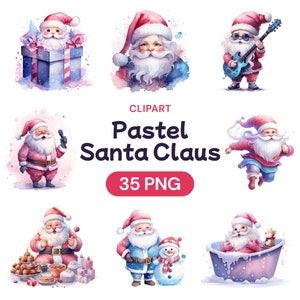 Clipart pastel de Papai Noel, pacote PNG de aquarela de pai fofo, conjunto de arquivos digitais transparentes de inverno Kawaii, licença de uso comercial
