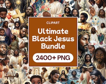 Paquete definitivo de imágenes prediseñadas de Jesús negro, Cristo afroamericano PNG, gráficos de fe cristiana, arte religioso, colección sagrada masiva