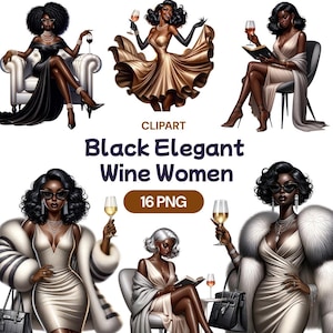 Zwarte elegante wijn vrouwen clipart, stijlvolle aquarel African American Girl png, glamoureuze fantastische feestviering, licentie commercieel gebruik