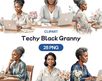 May include: A digital illustration featuring multiple images of an older Black woman using a laptop. The images are set against a floral background. The text "Techy Black Granny" and "28 PNG" are also included.
