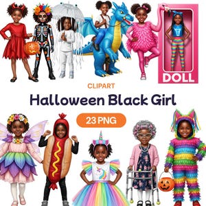 Chica negra de Halloween, clipart PNG, niñita afroamericana adorable en acuarela, disfraz aterrador, atuendo divertido, licencia de uso comercial