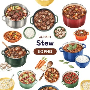 May include: Watercolor clipart set featuring various stews in different pots and bowls. Includes beef stew, vegetable stew, and other hearty dishes. The text "CLPART Stew 50 PNG" is also visible.