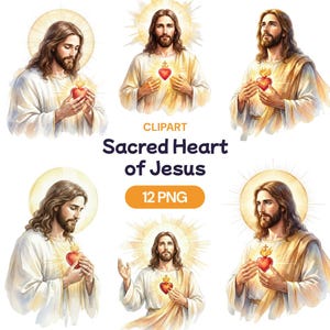 May include: Digital clipart set featuring watercolor illustrations of Jesus with a radiant halo. Each image depicts Jesus holding a flaming heart. The text "Sacred Heart of Jesus" and "12 PNG" are also included.