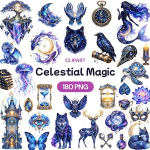 Puede incluir: Una colección digital de 180 imágenes prediseñadas PNG con temas celestiales y cósmicos. El conjunto incluye ilustraciones de una isla flotante, luna creciente, manos, reloj de bolsillo, sirena, dragón, lobo, cuervo, calavera, medusa, reloj de arena, búho, ciervo, mariposa y varios objetos mágicos en tonos azules, morados y dorados.